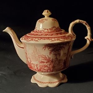 Red Toile Porcelain Burton & Burton Teapot with 2 Cups and Saucers